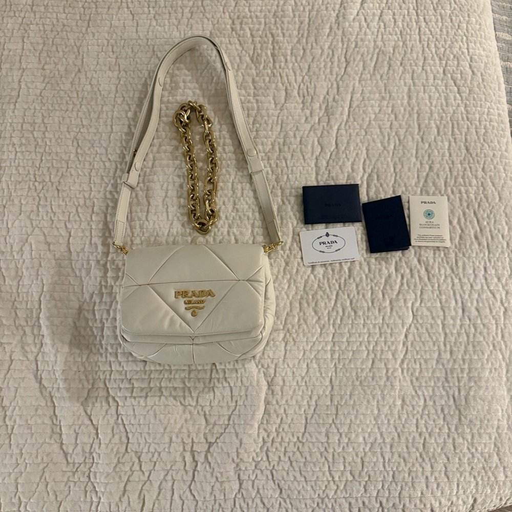 Prada Cream Quilted Crossbody Bag with Gold Chain